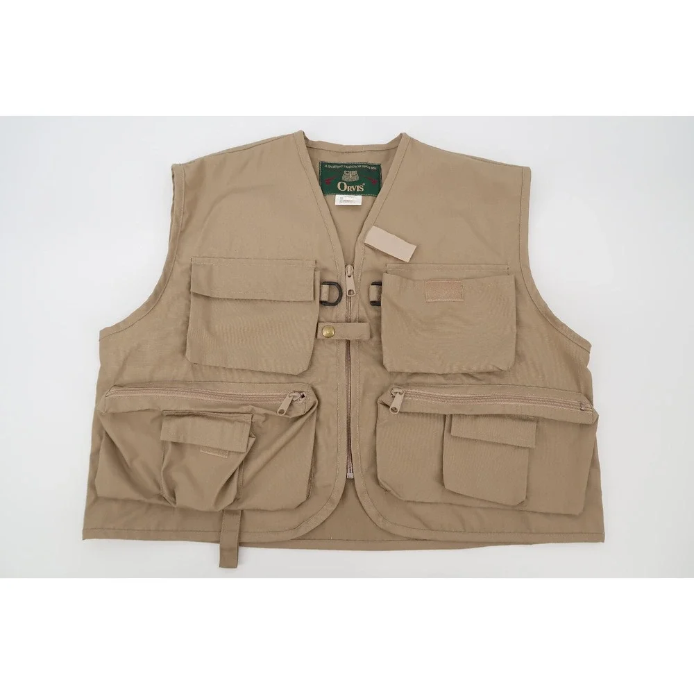 Orvis Mens Medium Fly Fishing Vest‎ Khaki Beige 7 Pocket Patch Full Zip Outdoor